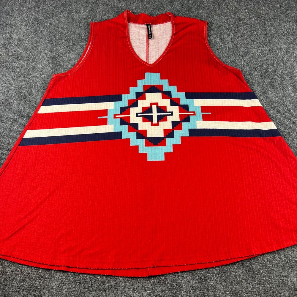 Crazy Train Womens XL Red Ribbed Southwestern Graphic Sleeveless Tank Top